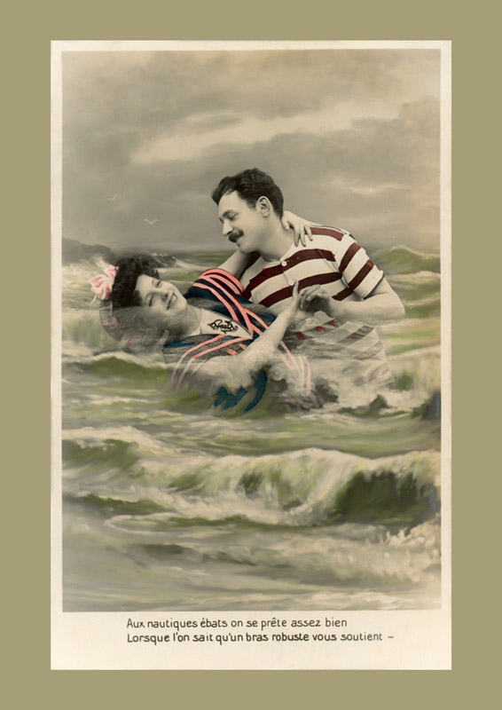 Tendre Baignade : une série de cartes postales anciennes racontant une histoire d'amour pleine d'humour au fil des images.