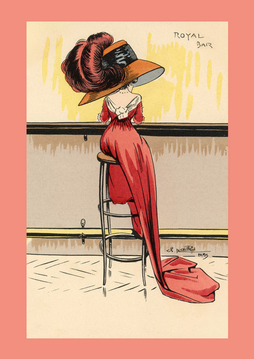 Dans cette illustration de Charles Naillod, une élégante vêtue d'une robe rouge est assise au comptoir d'un café parisien de la Belle Époque.