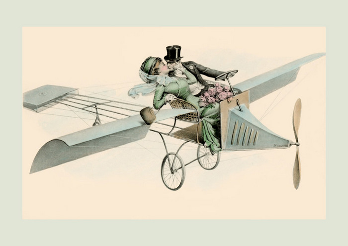 L'amour prend son envol – Illustration Belle Époque de Franz Kuderna Illustration de la Belle Époque de Franz Kuderna représentant un couple enlacé à bord d'un aéroplane des débuts de l'aviation.