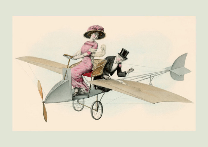 En route vers le septième ciel – Illustration Belle Époque de Franz Kuderna Illustration de la Belle Époque de Franz Kuderna représentant un couple à bord d'un aéroplane des débuts de l'aviation.