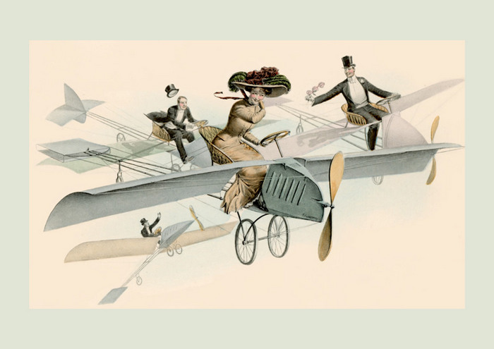 Une dame très convoitée - Franz Kuderna Illustration de la Belle Époque de Franz Kuderna représentant plusieurs aéroplanes poursuivant une élégante dans le ciel.