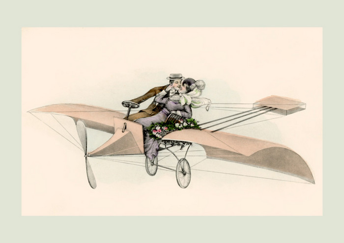 Au-dessus des nuages | Franz Kuderna Couple enlacé à bord d'un aéroplane de la Belle Époque – Illustration romantique de Franz Kuderna.