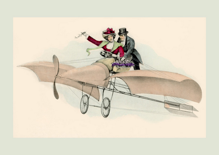 Cap sur le bonheur | Franz Kuderna Aéroplane de la Belle Époque avec un couple d'amoureux et un bouquet de fleurs – illustration de Franz Kuderna restaurée par Ernestine & Clotaire