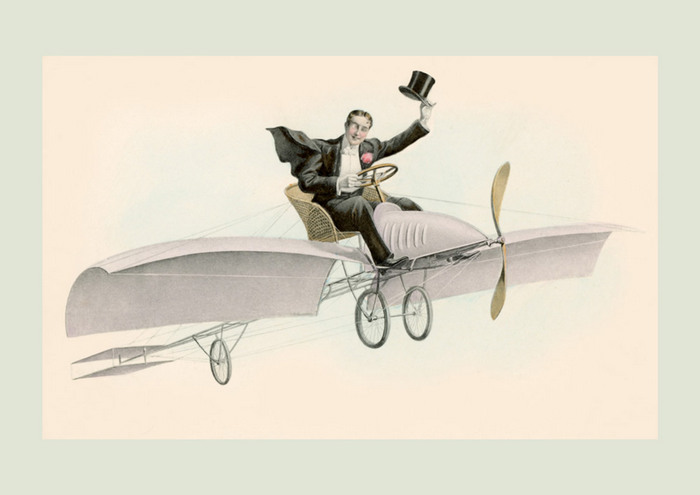 Un vol en solitaire | Franz Kuderna Gentleman saluant à bord d'un aéroplane de la Belle Époque – Illustration de Franz Kuderna.