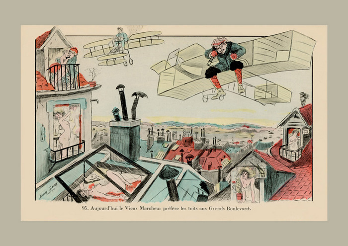 Les aviateurs indiscrets | Xavier Sager Aviateurs survolant le ciel de Paris et observant des jeunes femmes dénudées - Illustration humoristique de Xavier Sager.