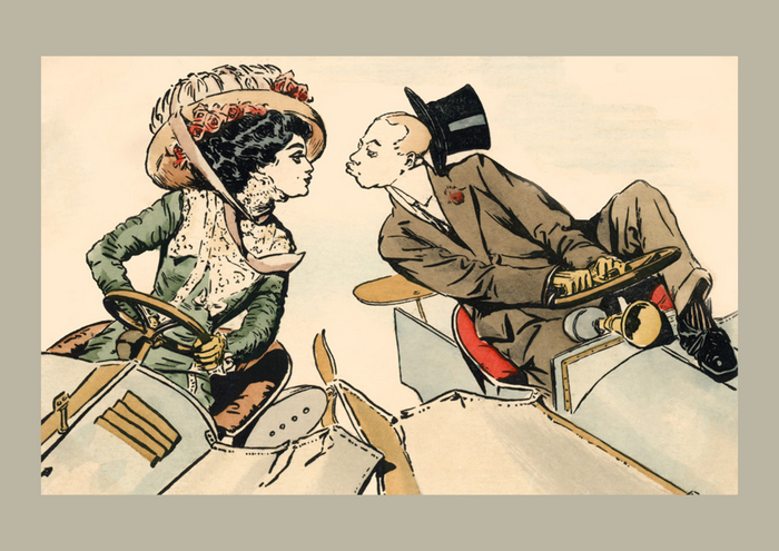 Un baiser dans les nuages | Illustrateur inconnu Deux amoureux s'embrassant à bord d'aéroplanes de la Belle Époque – Carte postale ancienne d'un illustrateur inconnu.