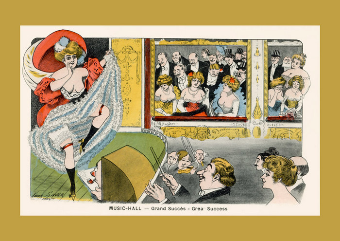 Le triomphe du music-hall à Paris – Illustration Belle Époque de Xavier Sager Dans cette illustration de Xavier Sager, une danseuse de music-hall soulève sa jupe devant un public enthousiaste. Cette scène pleine d'énergie évoque l'ambiance des cabarets et des salles de spectacle du Paris de la Belle Époque.