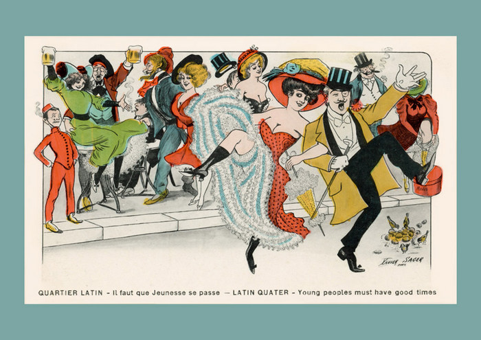 La jeunesse du Quartier Latin – Illustration Belle Époque de Xavier Sager Dans cette illustration de Xavier Sager, étudiants, élégantes et noctambules traversent joyeusement le Quartier Latin dans une farandole animée. Cette scène pleine d'humour évoque l'effervescence de la jeunesse parisienne au début du XXᵉ siècle.