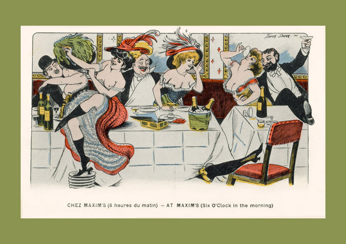 Six heures du matin chez Maxim's – Xavier Sager Dans cette illustration de Xavier Sager, plusieurs élégantes et leurs compagnons terminent une nuit de fête chez le Maxim's de la Belle Époque. Les tables sont encore couvertes de bouteilles de champagne, de verres, d'un seau à glace et d'assiettes, tandis que les couples s'enlacent dans une atmosphère joyeuse et légèrement désordonnée.