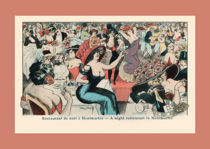 Restaurant de nuit à Montmartre – Xavier Sager Dans cette illustration de Xavier Sager, un restaurant de nuit de Montmartre réunit élégantes, musiciens, danseuses et convives dans une ambiance animée où champagne, musique et conversations illustrent toute l'effervescence de la vie nocturne de la Belle Époque.