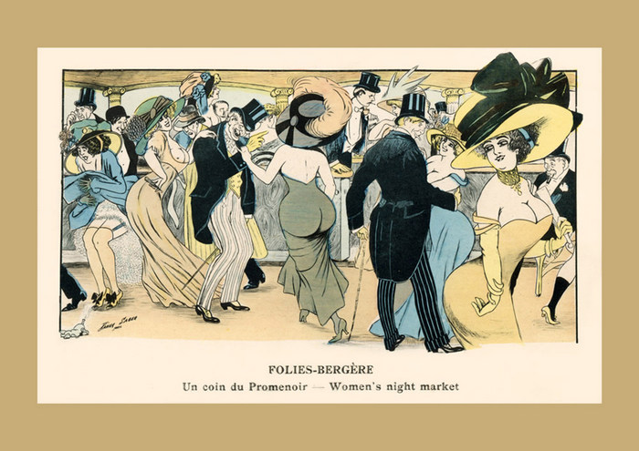 Le promenoir des Folies-Bergère – Xavier Sager Dans cette illustration de Xavier Sager, élégantes, dandys et couples se croisent dans le promenoir des Folies-Bergère. Les immenses chapeaux, les toilettes raffinées et l'animation de la foule illustrent l'effervescence des soirées parisiennes de la Belle Époque.