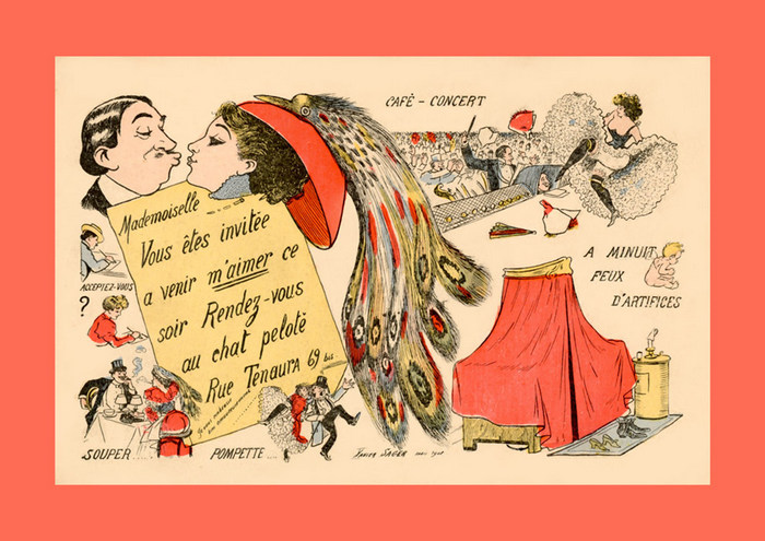 Invitation au café-concert – Xavier Sager Dans cette illustration de Xavier Sager, une élégante coiffée d'un spectaculaire chapeau orné de plumes de paon reçoit une invitation galante au café-concert, tandis que de petites scènes humoristiques illustrent les étapes de cette petite soirée en amoureux.