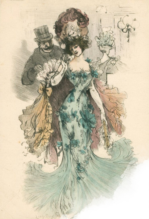Illustration de Léon Dax représentant une élégante de la Belle Époque dans une robe fleurie et un chapeau spectaculaire, reproduction d'art issue d'une carte postale ancienne.
