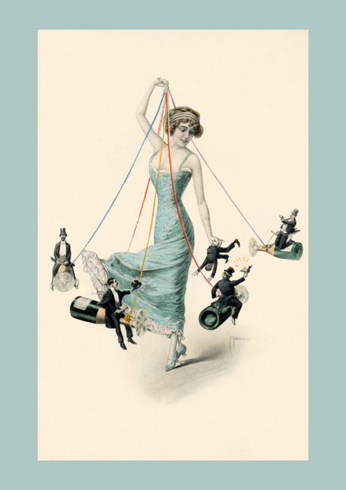 Le carrousel des soupirants – Franz Kuderna Illustration Belle Époque de Franz Kuderna représentant une élégante dirigeant un manège de prétendants à califourchon sur des bouteilles de champagne.