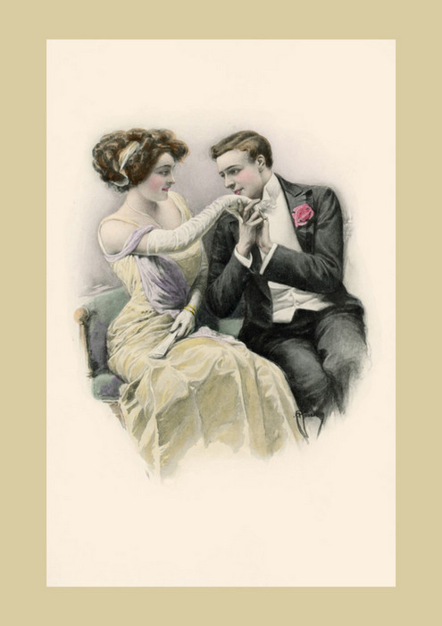 Premier aveu – Illustration Belle Époque de Franz Kuderna Dans cette illustration de Franz Kuderna, un jeune homme baise délicatement la main d'une élégante tandis qu'une rose glissée à sa boutonnière symbolise la naissance des sentiments. Entre regard amoureux, galanterie et émotion contenue, cette scène romantique illustre toute la délicatesse des romances de la Belle Époque.
