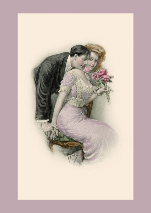 Le parfum des roses – Illustration Belle Époque de Franz Kuderna Dans cette illustration de Franz Kuderna, un jeune homme se penche vers une élégante tenant un bouquet de roses pour lui murmurer quelques mots. Entre confidence, tendresse et raffinement, cette scène évoque les premiers élans amoureux qui caractérisent les romances de la Belle Époque.