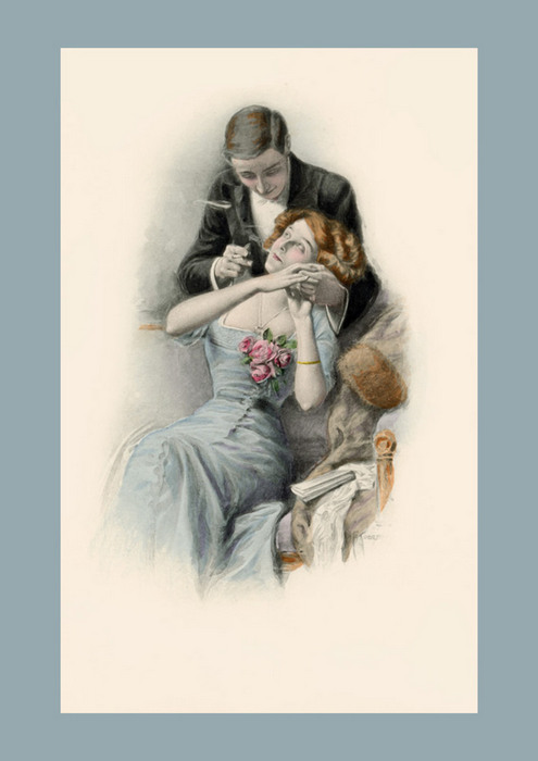 Une tendre caresse – Franz Kuderna Dans cette scène romantique de Franz Kuderna, un jeune homme caresse tendrement le visage d'une élégante assise dans un fauteuil.