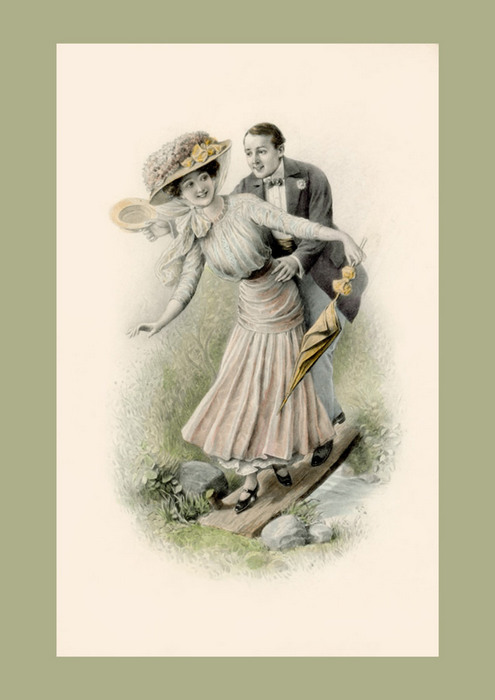 Un pas de travers | Franz Kuderna Dans cette illustration de Franz Kuderna, un jeune homme retient par la taille une élégante qui perd l'équilibre sur une petite passerelle.