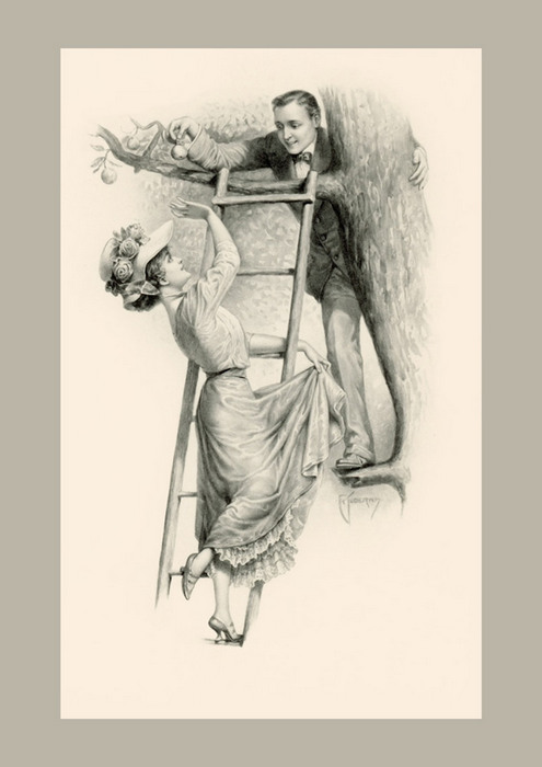 La pomme au sommet de l'échelle | Franz Kuderna Dans cette scène romantique de la Belle Époque, Franz Kuderna, une jeune femme gravit une échelle pour rejoindre son amoureux qui lui tend une pomme.