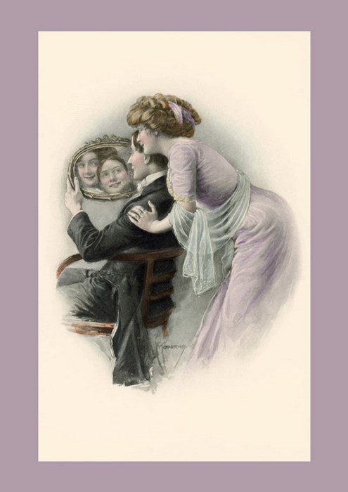 Le reflet des amoureux | Franz Kuderna Dans cette illustration de Franz Kuderna, une élégante se penche vers son soupirant tandis que leurs visages se rejoignent dans le reflet d'un miroir, évoquant une scène romantique de la Belle Époque.