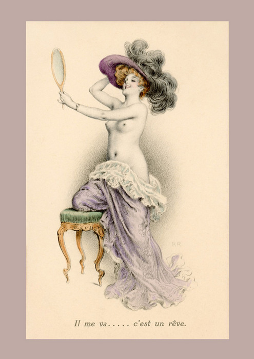 Femme élégante au miroir – Rudolf Rössler Dans cette illustration de Rudolf Rössler, une élégante de la Belle Époque portant un large chapeau à plumes se contemple dans un miroir. Le dessin associe grâce, féminité et raffinement dans l'esprit de l'Art nouveau.