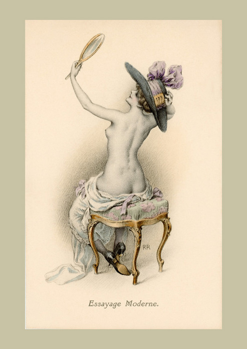 Élégante au grand chapeau devant son miroir – Rudolf Rössler Dans cette illustration Belle Époque de Rudolf Rössler, une femme élégante arborant un grand chapeau orné de fleurs admire son reflet dans un miroir. Cette scène de boudoir évoque la coquetterie et l'élégance féminine du début du XXᵉ siècle.