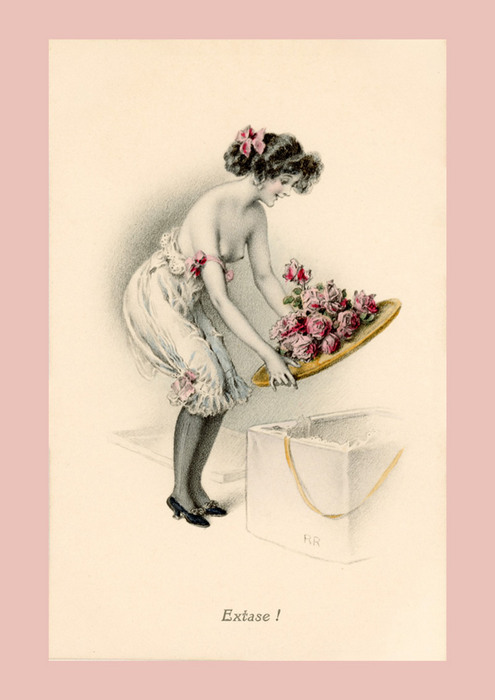 L'extase devant un grand chapeau – Rudolf Rössler Dans cette illustration de Rudolf Rössler, une élégante de la Belle Époque contemple avec émerveillement le grand chapeau fleuri qu’elle vient re recevoir. La scène évoque avec humour la fascination des femmes pour les créations de mode du début du XXᵉ siècle.