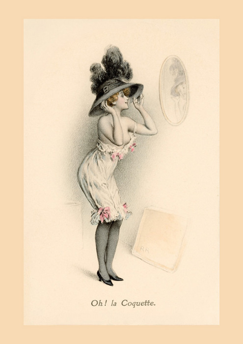 Oh ! La coquette – Rudolf Rössler Dans cette illustration Belle Époque de Rudolf Rössler, une élégante admire son grand chapeau à plumes dans un miroir. La scène célèbre la coquetterie et le raffinement féminin du début du XXᵉ siècle.