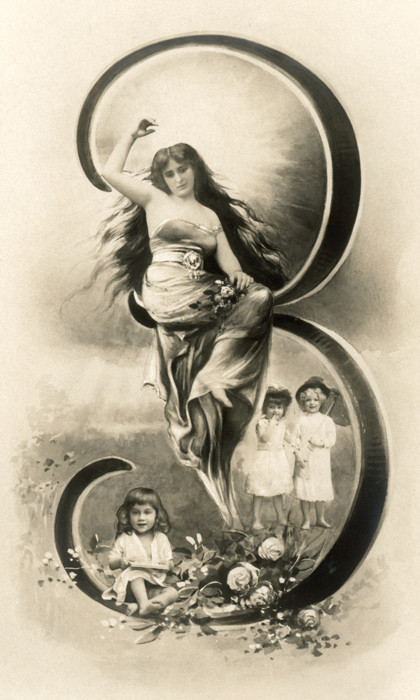 Chiffre illustré 3 – Belle Époque Dans cette carte postale de la Belle Époque, une jeune femme et trois enfants prennent place autour du chiffre 3, au cœur d’un décor bucolique. Le chiffre s’intègre naturellement au paysage.