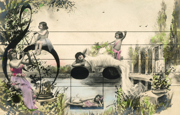 La clé de sol géante – Photomontage Belle Époque Dans ce photomontage de la Belle Époque, une jeune femme et des enfants prennent place sur une portée musicale dominée par une immense clé de sol. Un paysage romantique complète cette composition originale.
