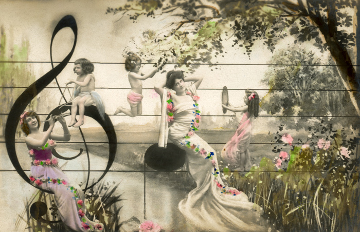 Rêverie musicale - Photomontage 1900 Dans ce photomontage de la Belle Époque, une élégante et des enfants évoluent sur une portée musicale au cœur d’un paysage romantique. Les silhouettes photographiques se mêlent aux éléments musicaux pour créer une scène empreinte de poésie.