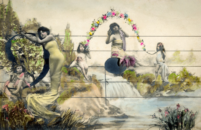 Symphonie illustrée – Photomontage musical Belle Époque Dans ce photomontage de la Belle Époque, une femme et plusieurs enfants prennent place sur une portée musicale au cœur d’un paysage. Les fleurs et les éléments du décor se mêlent aux lignes musicales pour composer cette scène originale.