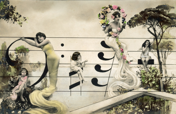Mélodie fleurie – Photomontage musical Belle Époque Dans ce photomontage musical de la Belle Époque, des femmes et des enfants entourés de fleurs et de feuillages prennent place sur une portée musicale. Les notes de musique et le décor peint s’intègrent à cette composition surprenante.