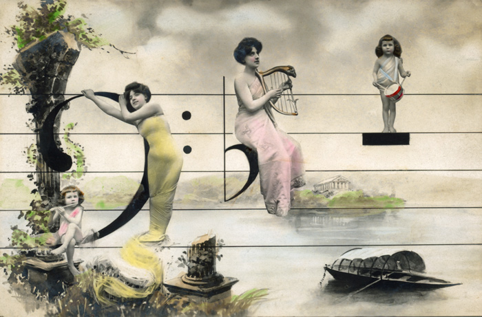 Au rythme des notes - Photomontage de la Belle Epoque Dans ce photomontage musical de la Belle Époque, une jeune femme joue de la harpe au milieu d’une portée musicale et de plusieurs notes. Le paysage peint et les silhouettes d’enfants complètent cette composition originale.