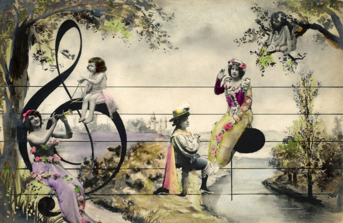 Fantaisie musicale – Photomontage Belle Époque Dans ce photomontage de la Belle Époque, des femmes et des enfants prennent place sur une portée musicale, non loin d'une grande clé de sol. Le paysage peint et les personnages composent une scène où musique et imagination se rencontrent.