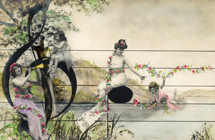 Nocturne illustré – Photomontage musical Belle Époque Dans ce photomontage de la Belle Époque, des femmes et des enfants prennent place sur une portée musicale non loin d’une grande clé de sol. Les fleurs et les feuillages se mêlent aux éléments musicaux dans cette composition originale.