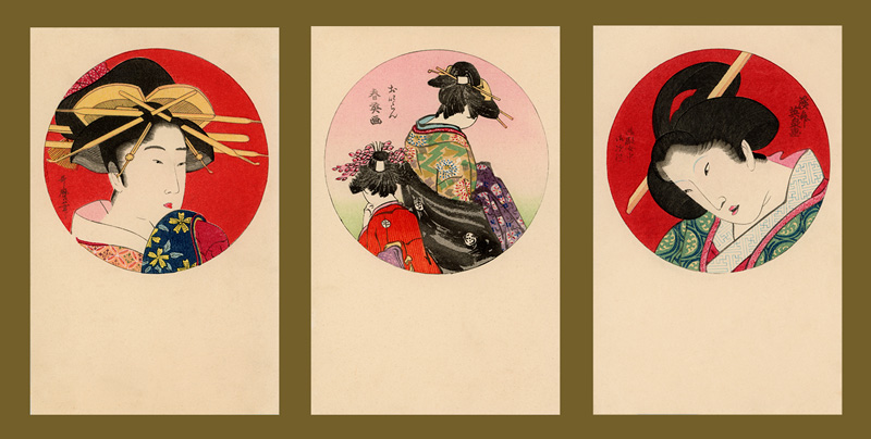 Trois illustrations japonaises de la collection de cartes postales de Guy, témoignage de son intérêt pour les images venues d'ailleurs.