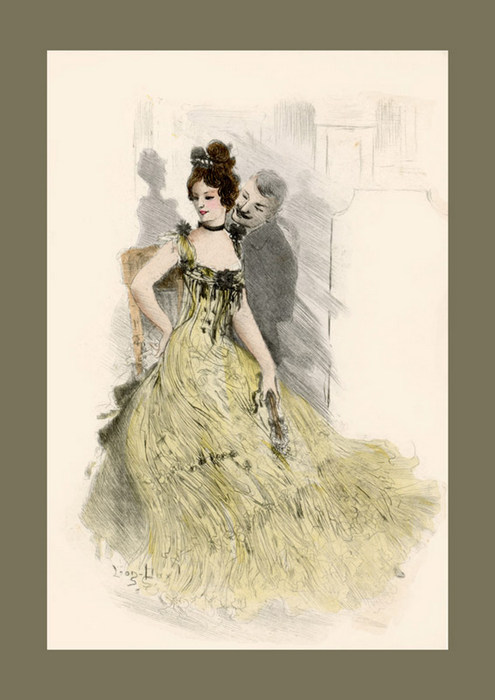 Dans cette illustration de Léon Dax, une élégante en robe de bal incarne le raffinement des soirées mondaines de la Belle Époque, entre élégance, séduction et art de vivre.