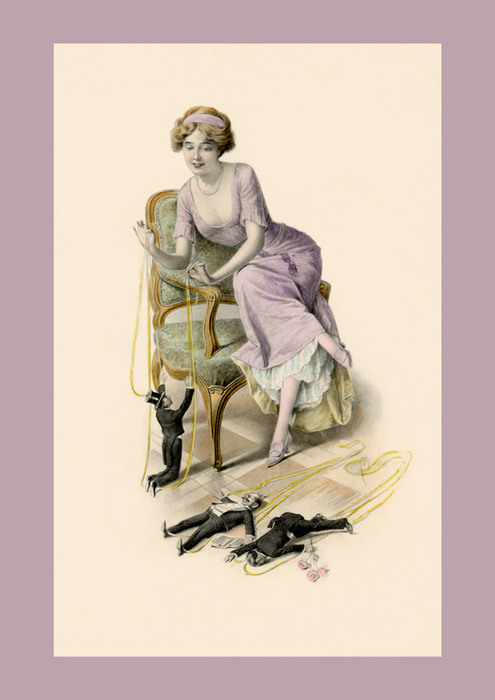 Illustration ancienne représentant une élégante femme dans un esprit de séduction propre à la Belle Époque.