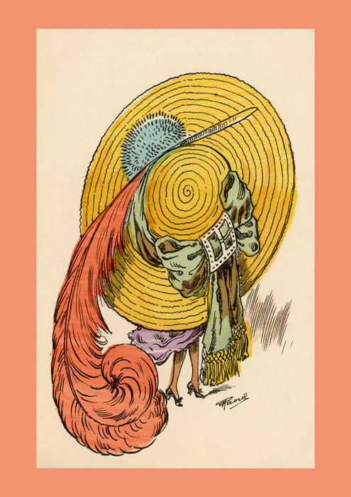 Illustration ancienne de Raoul représentant une élégante femme coiffée d'un chapeau spectaculaire.